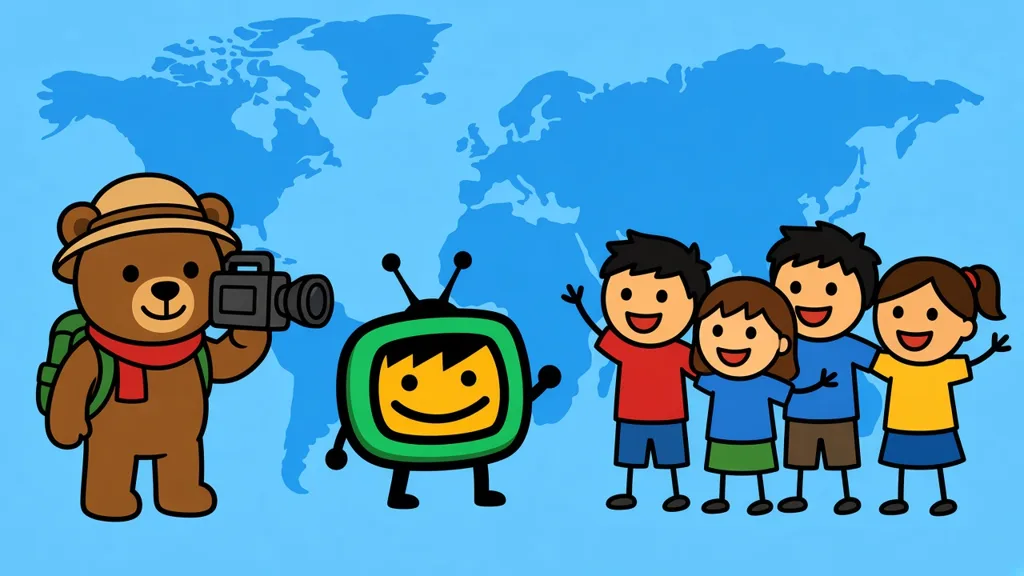 Josh E. Bear filming a group of waving children with his TV buddy beside him, a world map behind