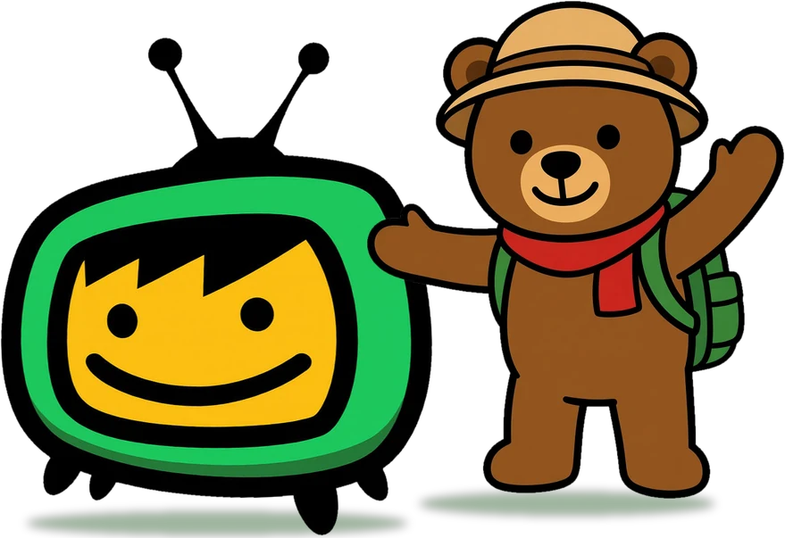 The Hello My Friends TV and Josh E. Bear standing side by side on the grass, waving