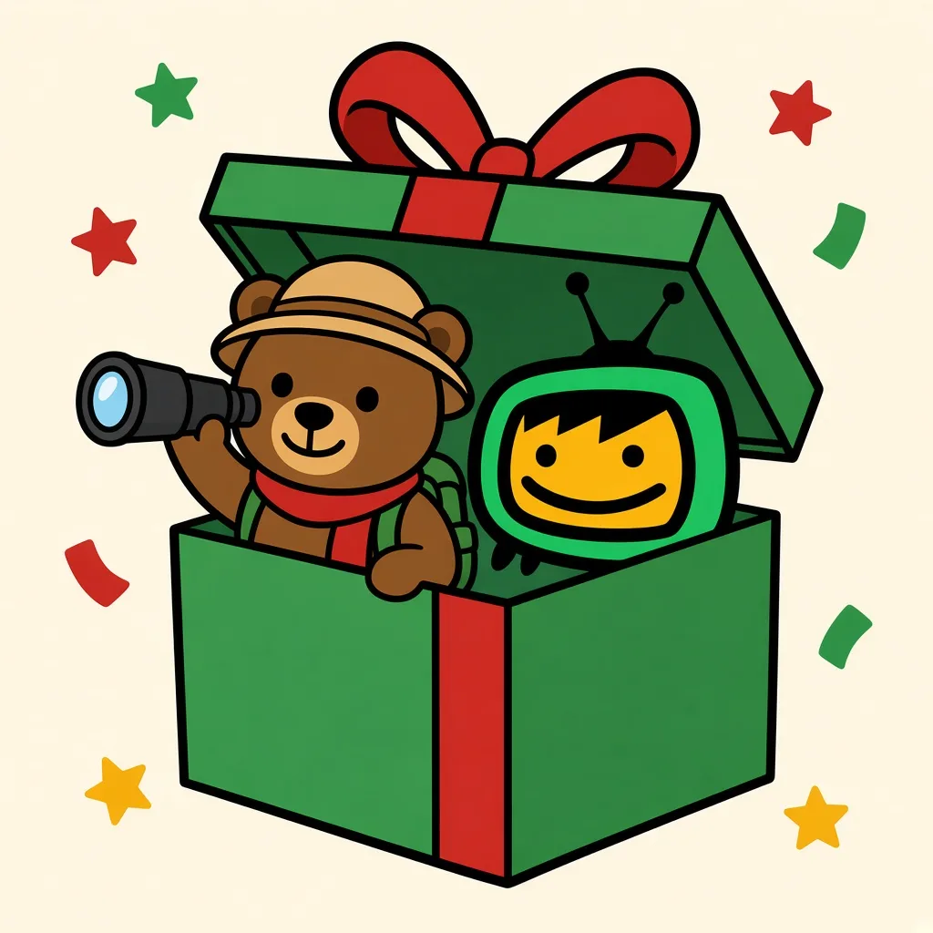 Josh E. Bear with a telescope and the green TV buddy peeking out of a gift box